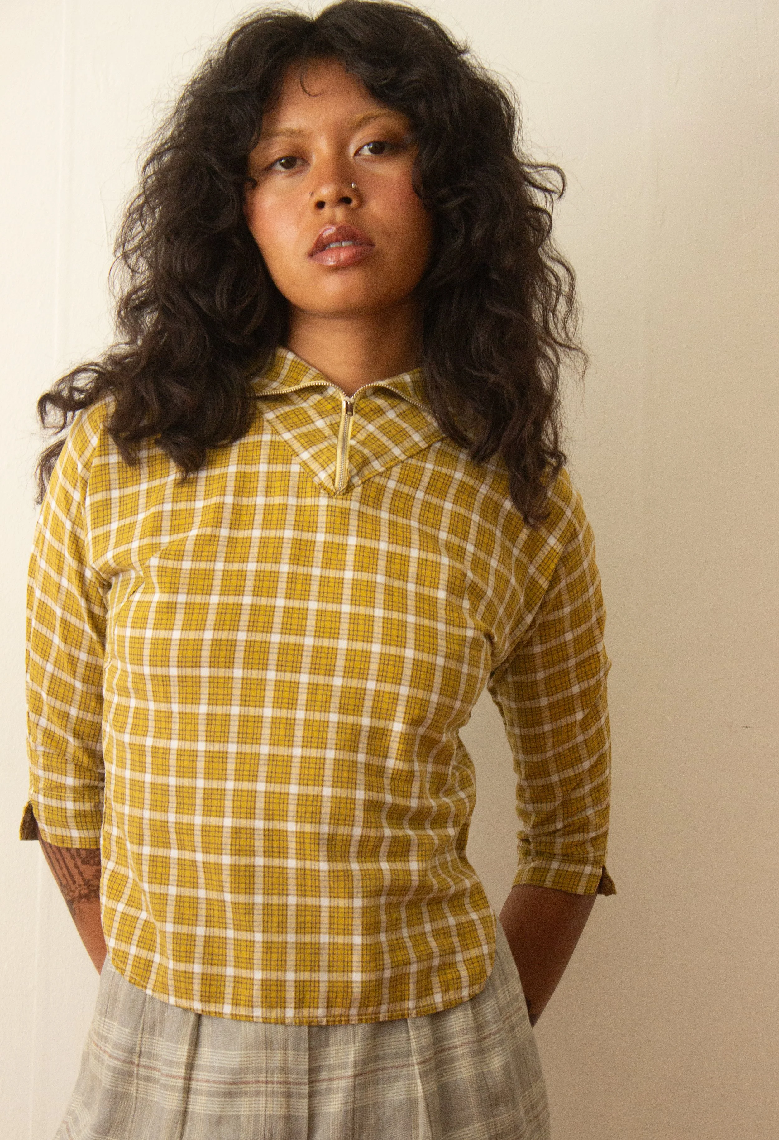 1950s Mustard Plaid Quarter Zip Pullover Wayward Collection